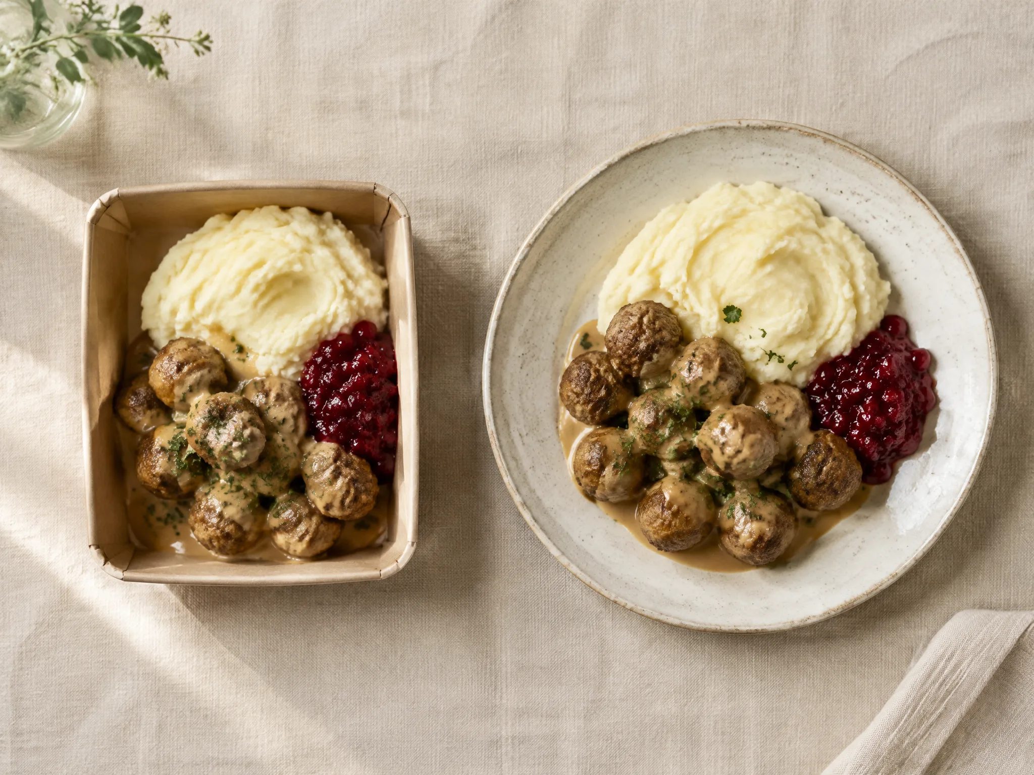 Köttbullar, potatismos och lingon i en matlåda bredvid samma rätt på tallrik